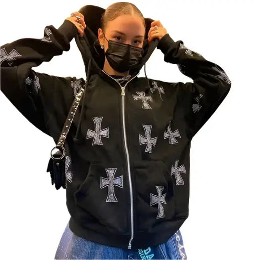 Black zip-up Cross Hoodie Y2K featuring multiple stylish cross designs