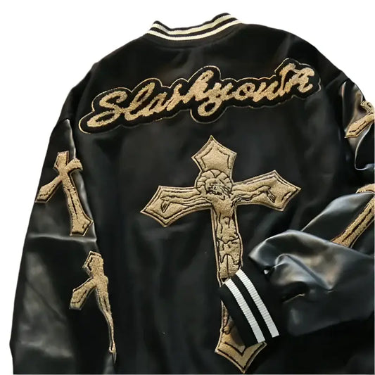 Black leather jacket with gold cross embroidery and Slithyouth text design