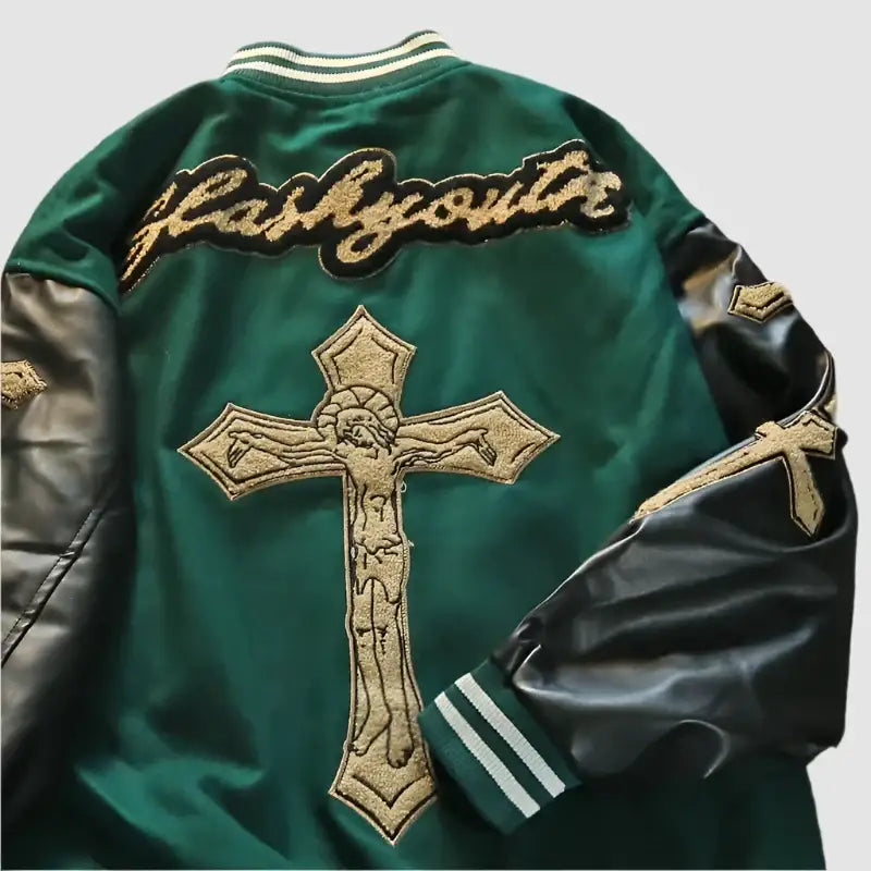 Green and black varsity leather jacket with Fashionista text and crucifix design