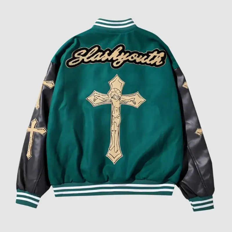 Green varsity jacket with Slashyouth text and golden cross design for a cross leather jacket