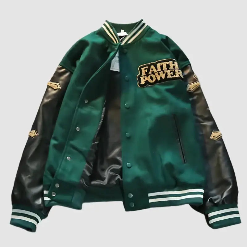 Green varsity jacket with Faith Power lettering and black leather sleeves, Cross Leather Jacket