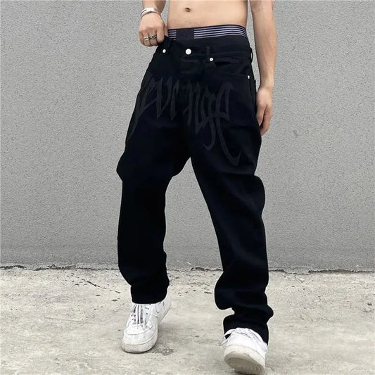 Custom Black Jeans featuring baggy style, high waistband, and visible buttons