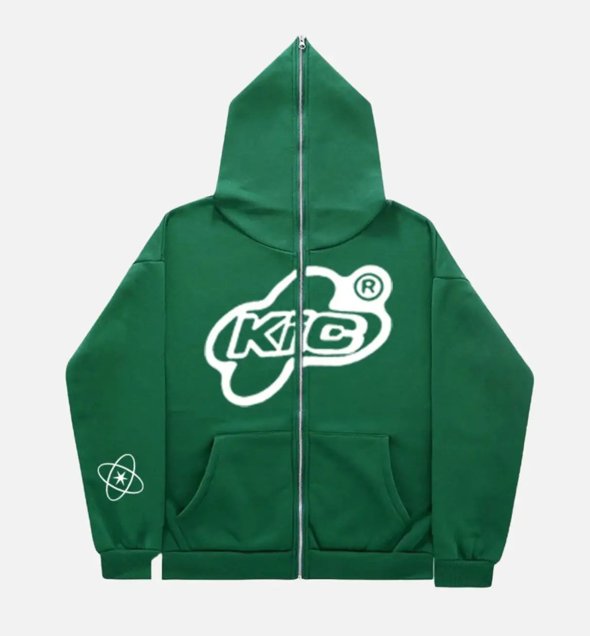 Green Cyber Y2K Hoodie with white KiC logo on chest and pocket