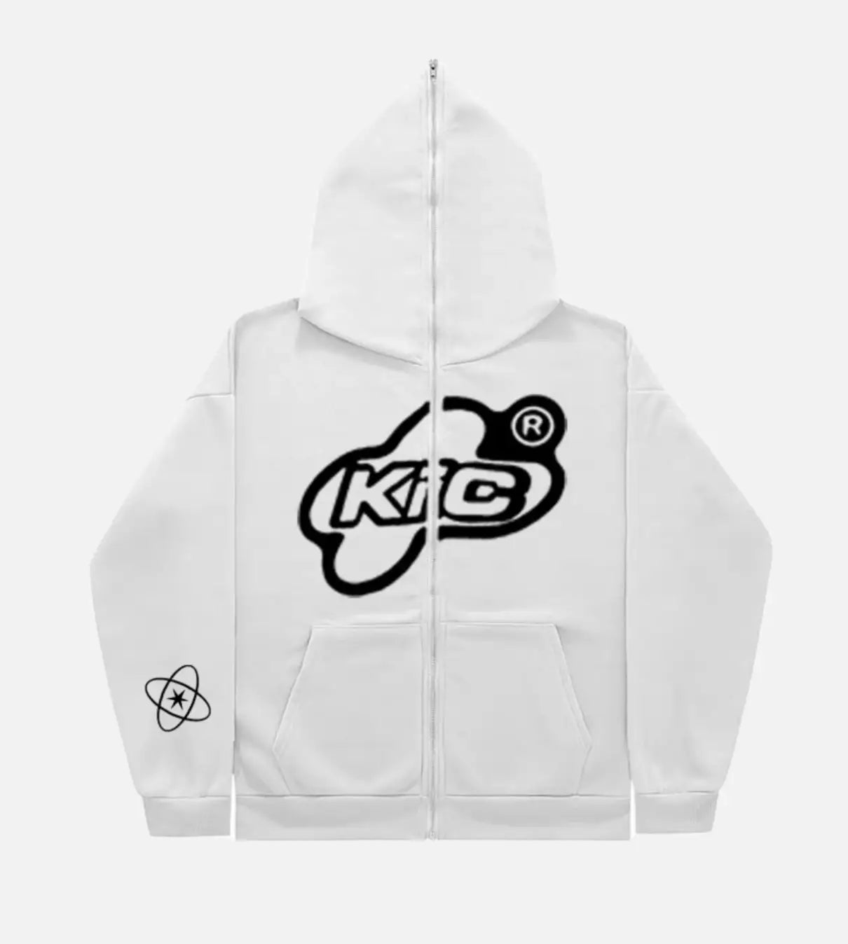 White zip-up Cyber Y2K Hoodie featuring a black KIC logo on the front