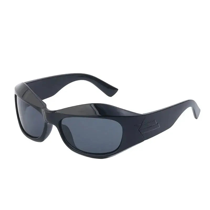 Pair of black Cyber Y2K sunglasses featuring dark wraparound lenses for stylish protection