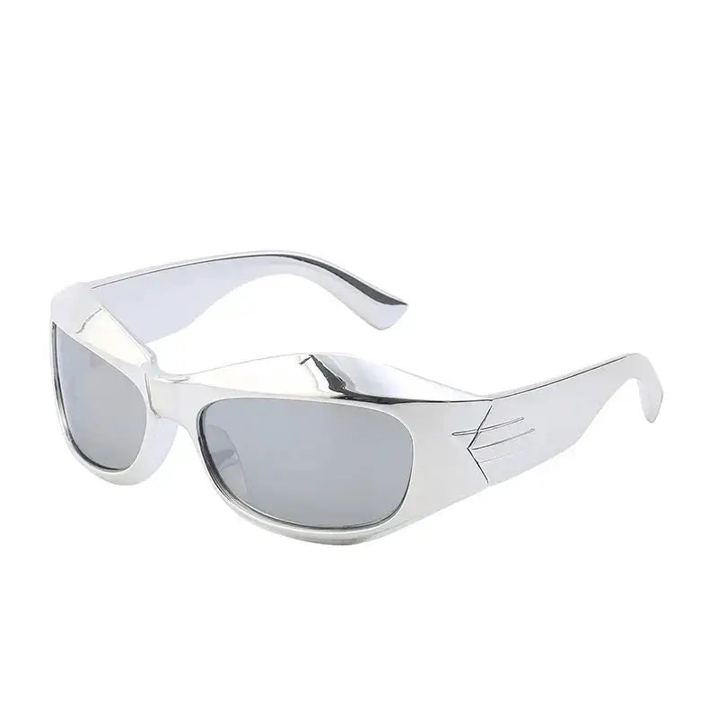 Pair of Cyber Y2K Sunglasses with white wraparound frame and mirrored lenses