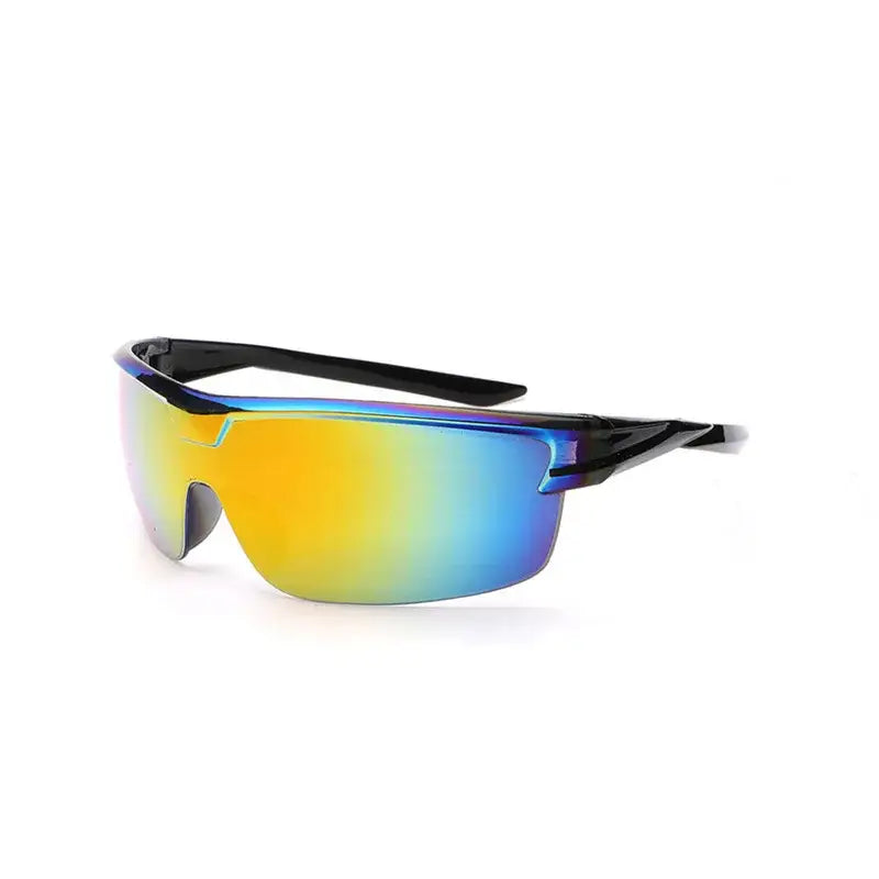 Sporty cycling sunglasses with colorful mirrored lens and black frame in stylish design