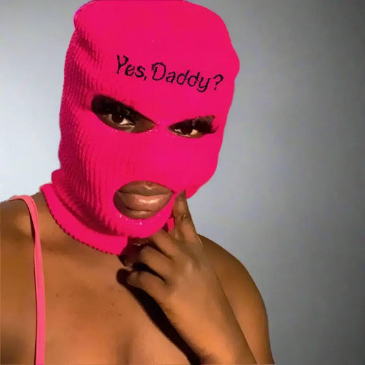 Hot pink Daddy Ski Mask with eye and mouth holes and Yes Daddy embroidery