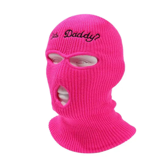 Bright pink Daddy Ski Mask featuring eye and mouth holes and Ski Daddy embroidery