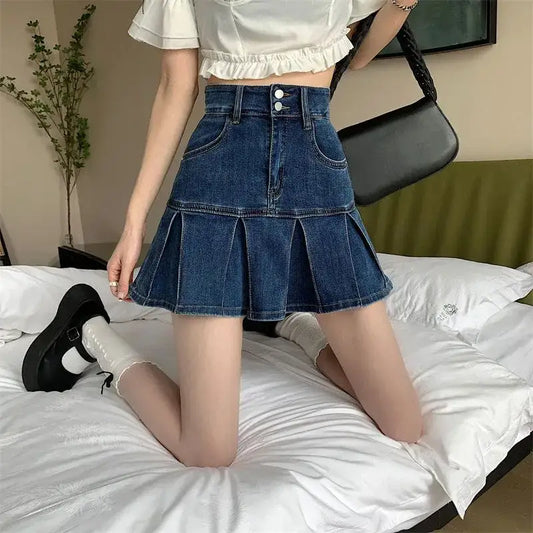 Pleated high waist Dark Blue Denim Skirt with button closure, trendy and stylish