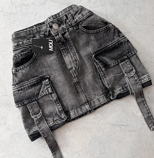 Faded black denim cargo mini skirt with pockets and a stylish belt