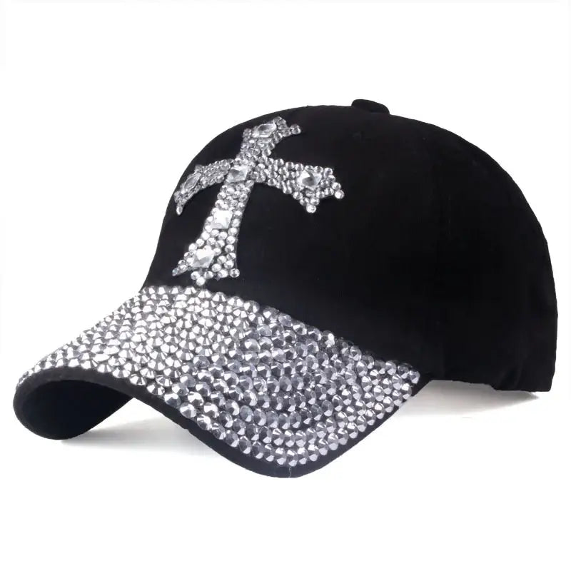 Black Rhinestone-Studded Cross Baseball Cap - Stylish Denim Baseball Cap for Fashion Lovers