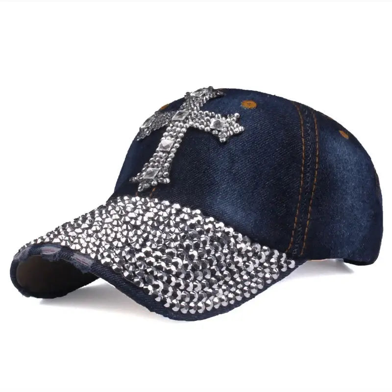 Denim baseball cap with rhinestones in a cross pattern for stylish casual wear