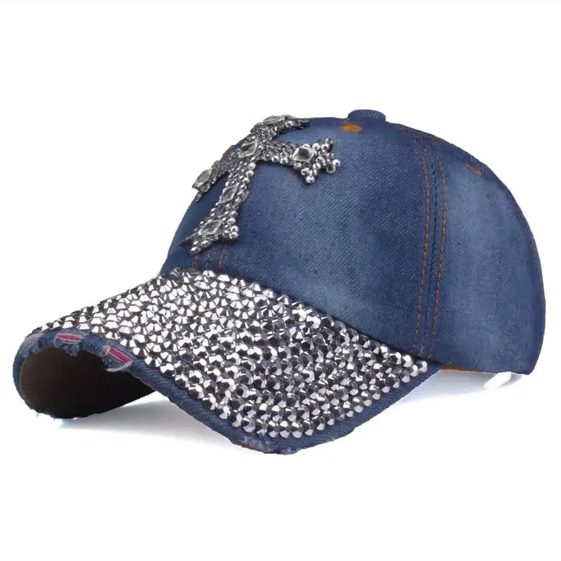 Blue denim baseball cap with rhinestones and decorative cross detail