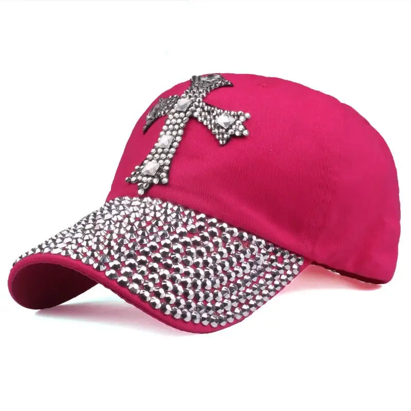 Hot pink denim baseball cap with rhinestones and cross design for stylish looks