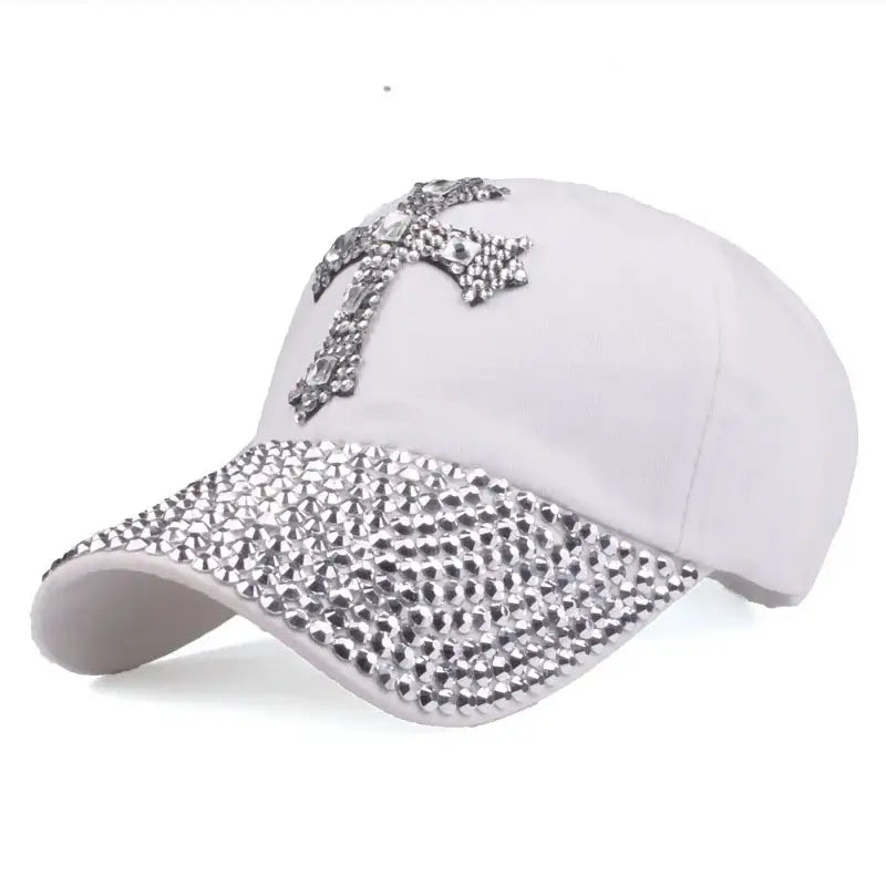 White rhinestone palm tree denim baseball cap covering half the brim