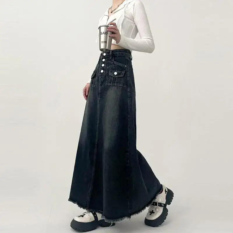 Long Denim Cargo Maxi Skirt with Front Pockets and Frayed Hem for Stylish Comfort