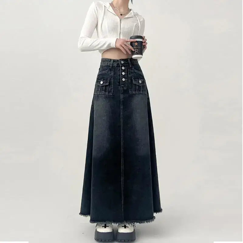 Long Denim Cargo Maxi Skirt with Front Pockets and Button Detailing for Stylish Comfort