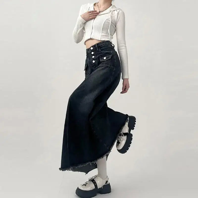 Long dark denim cargo maxi skirt with high waist and frayed hem for stylish outfits