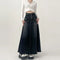 Long Denim Cargo Maxi Skirt with Front Pockets and Frayed Hem for Stylish Casual Wear