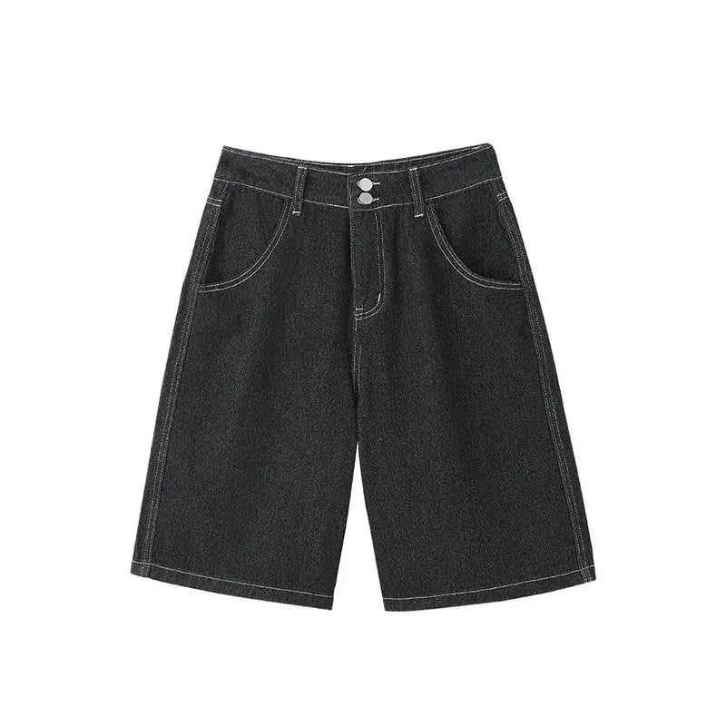 Black denim oversized shorts with front pockets and a double-button waistband