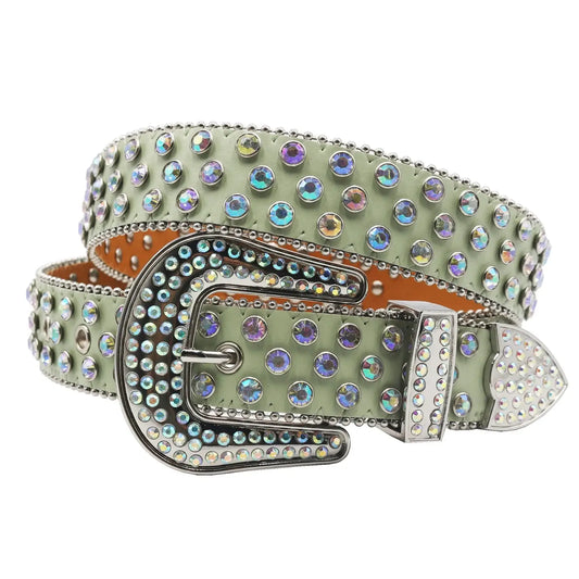 Decorative leather Designer Rhinestone Belt with colorful rhinestones and studded buckle