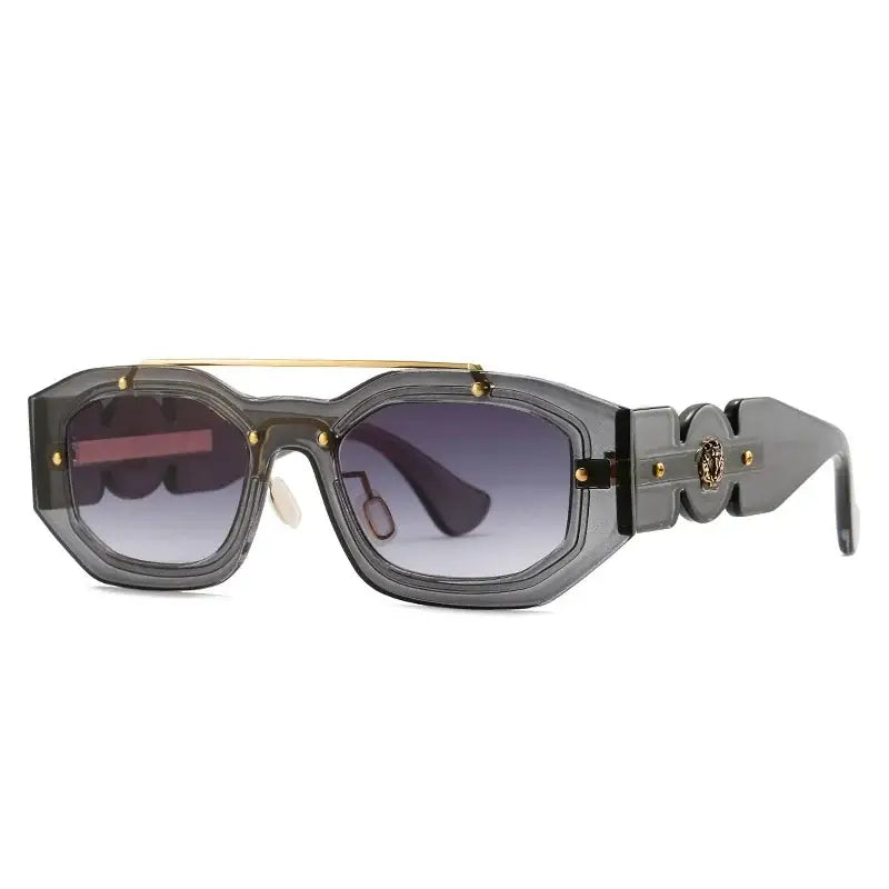 Stylish gray Y2K sunglasses with thick frames and gold accents, perfect designer sunglasses