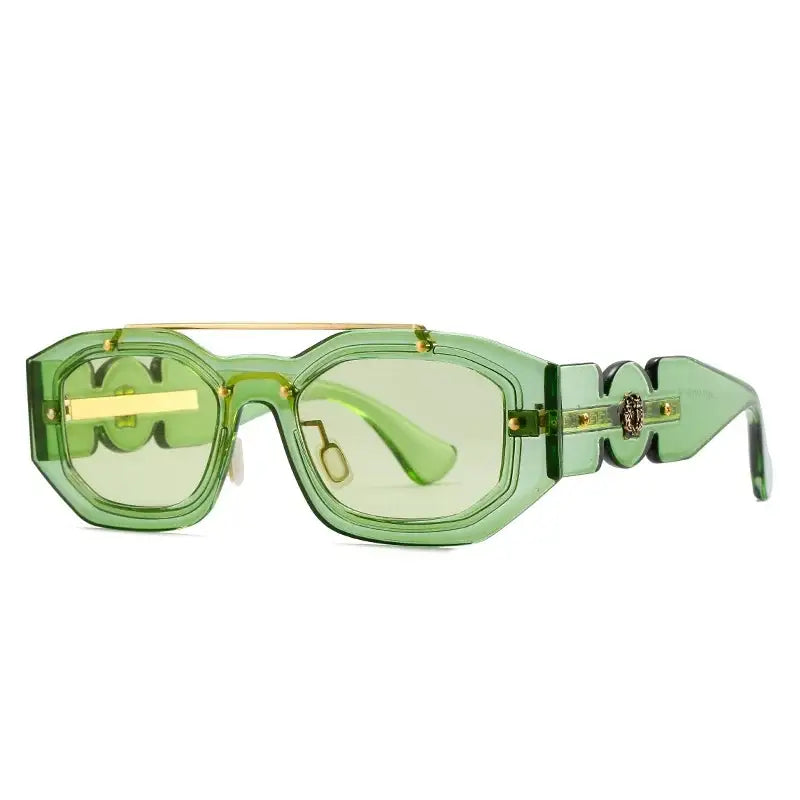 Pair of green transparent Y2K sunglasses with a unique geometric frame design