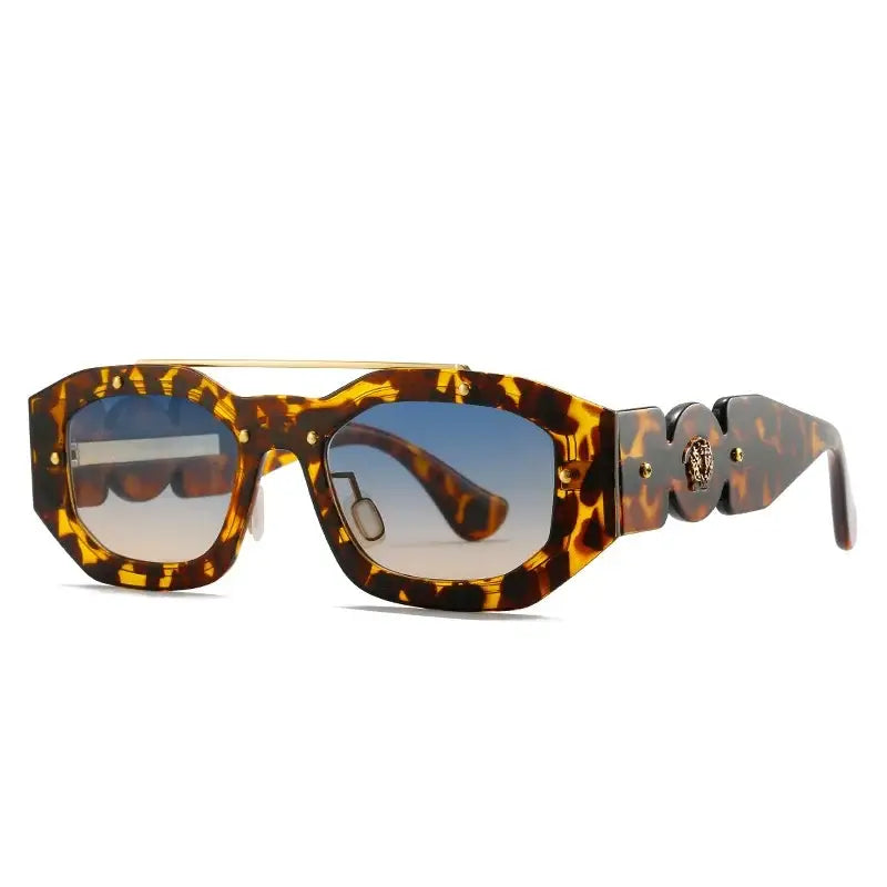 Tortoiseshell Y2K sunglasses with thick frames and decorative sides in designer sunglasses