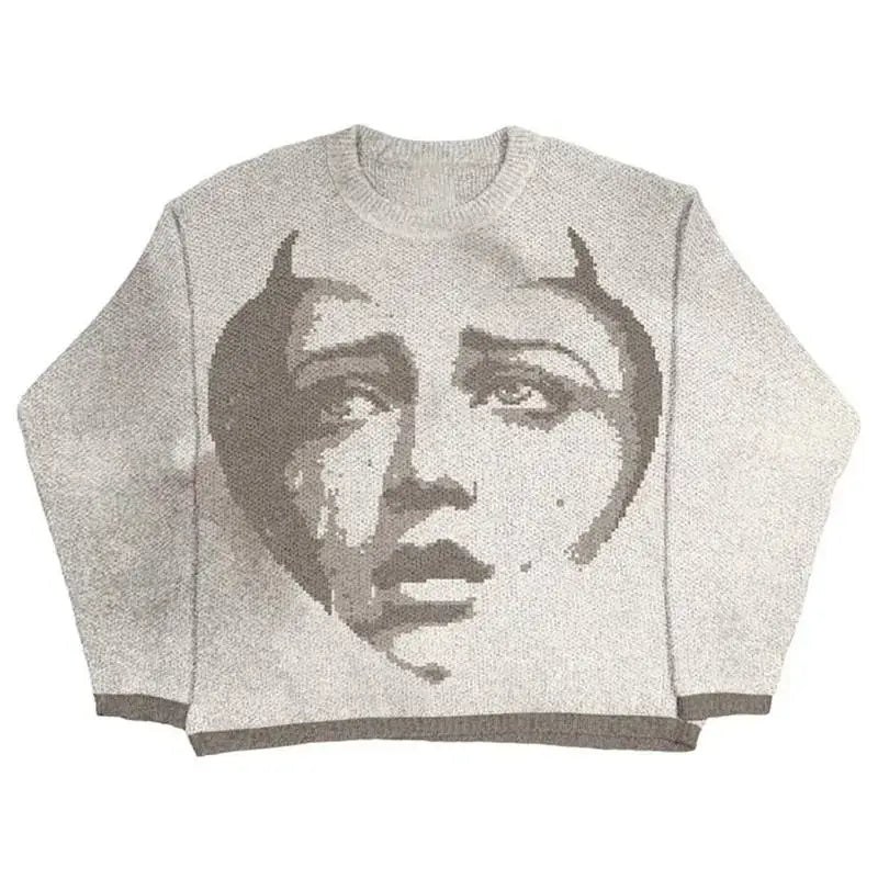 Gray Devil Sweater with printed face design, perfect for Womens Y2K clothing style