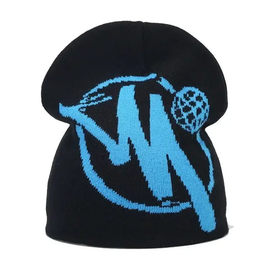 Black knit Drip Beanie with a blue logo design for Y2K personal style