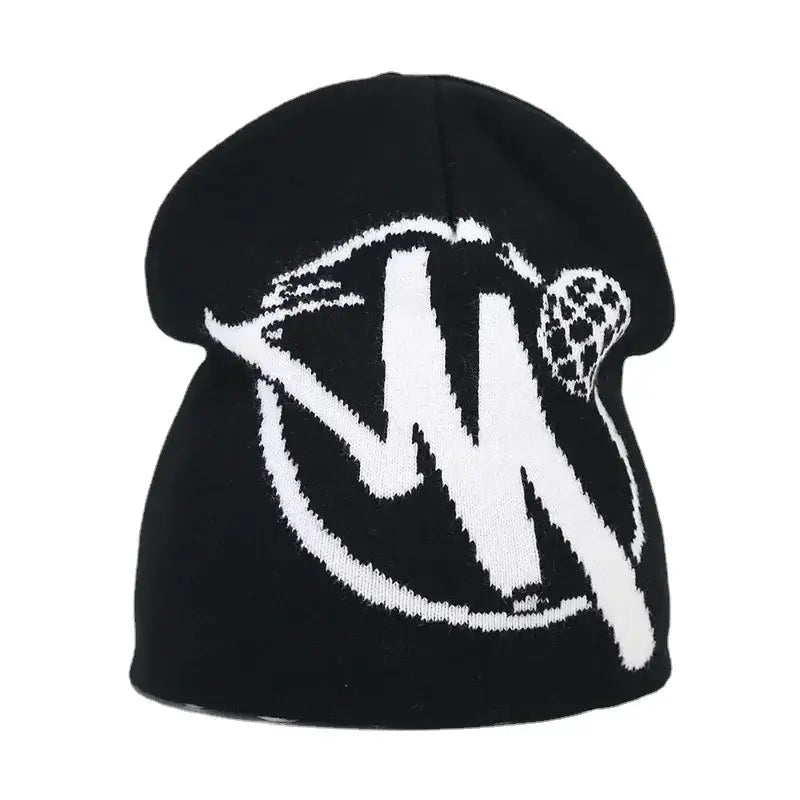 Black knit Drip Beanie hat featuring a white stylized logo for Y2K personal style