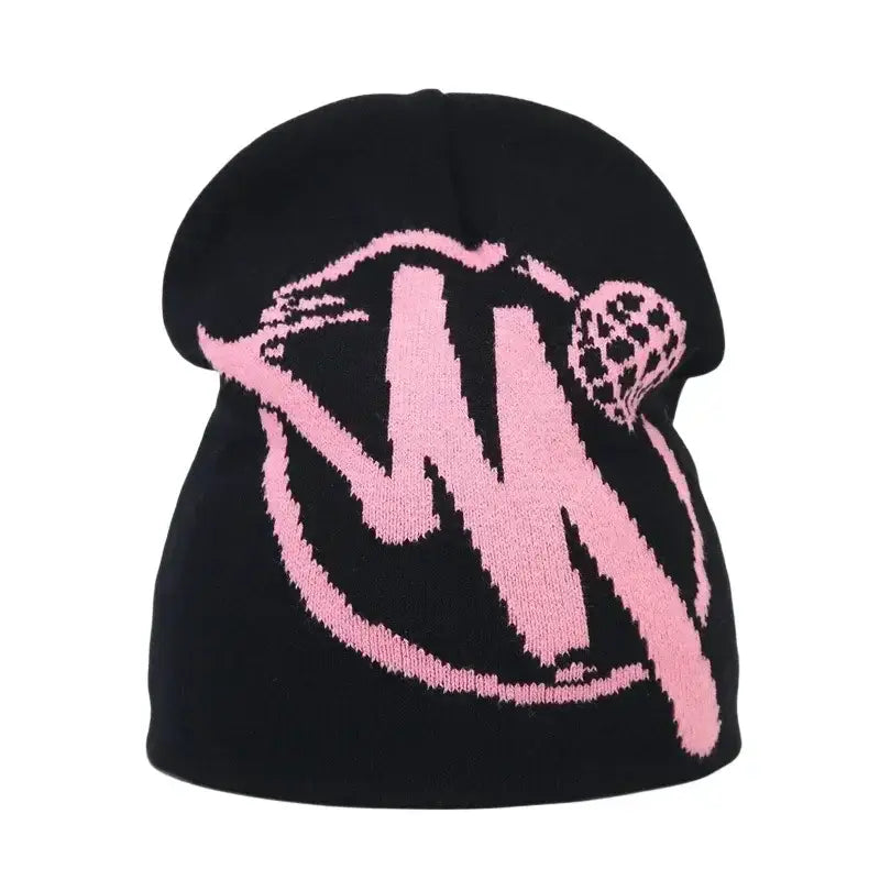 Black knit Drip Beanie featuring a pink logo design for a Y2K personal style