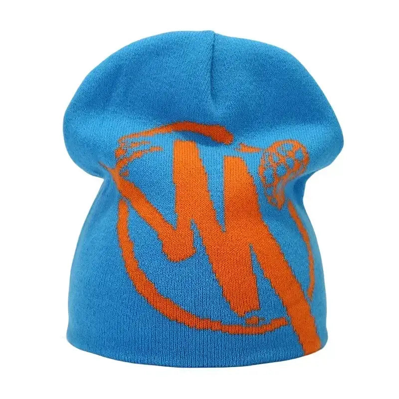 Blue knit Drip Beanie featuring an orange logo design for Y2K personal style