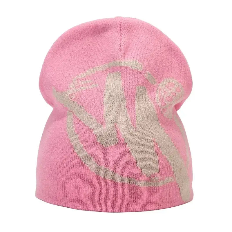 Pink knit Drip Beanie featuring a light logo design for stylish Y2K fashion