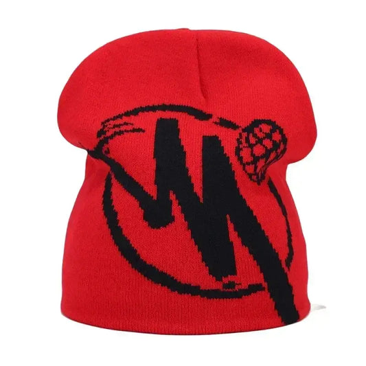 Red knit drip beanie featuring a black W logo and basketball for stylish Y2K fashion