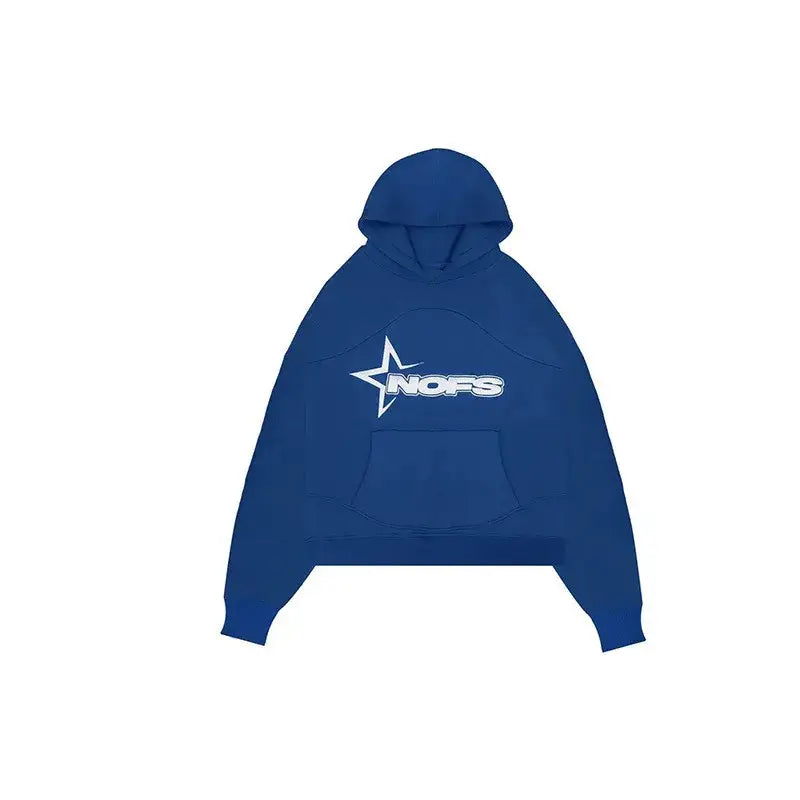 Blue drip hoodie with white star logo and NOPE text showcasing Y2K fashion style