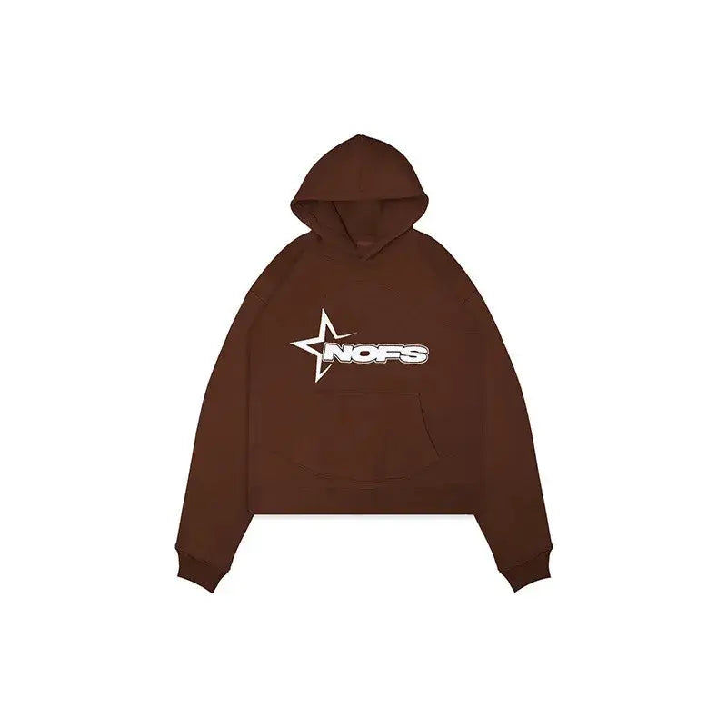 Brown drip hoodie featuring a star logo and MOPS text, perfect for Y2K fashion lovers