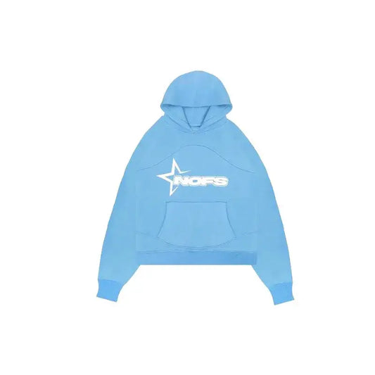 Light blue drip hoodie featuring a white star logo, perfect for Y2K fashion lovers