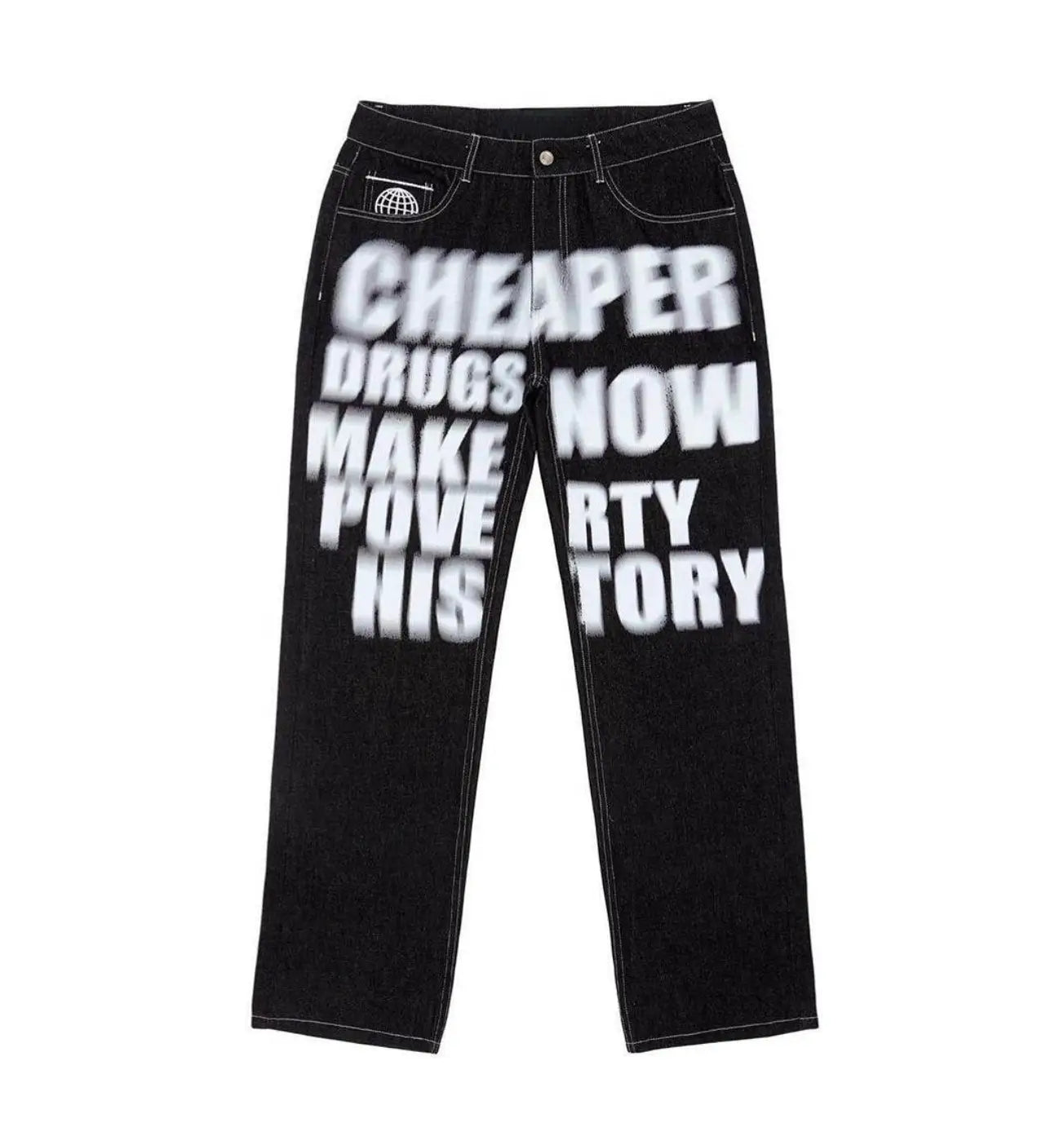 Black Y2K drip jeans featuring white spray-painted text across the legs