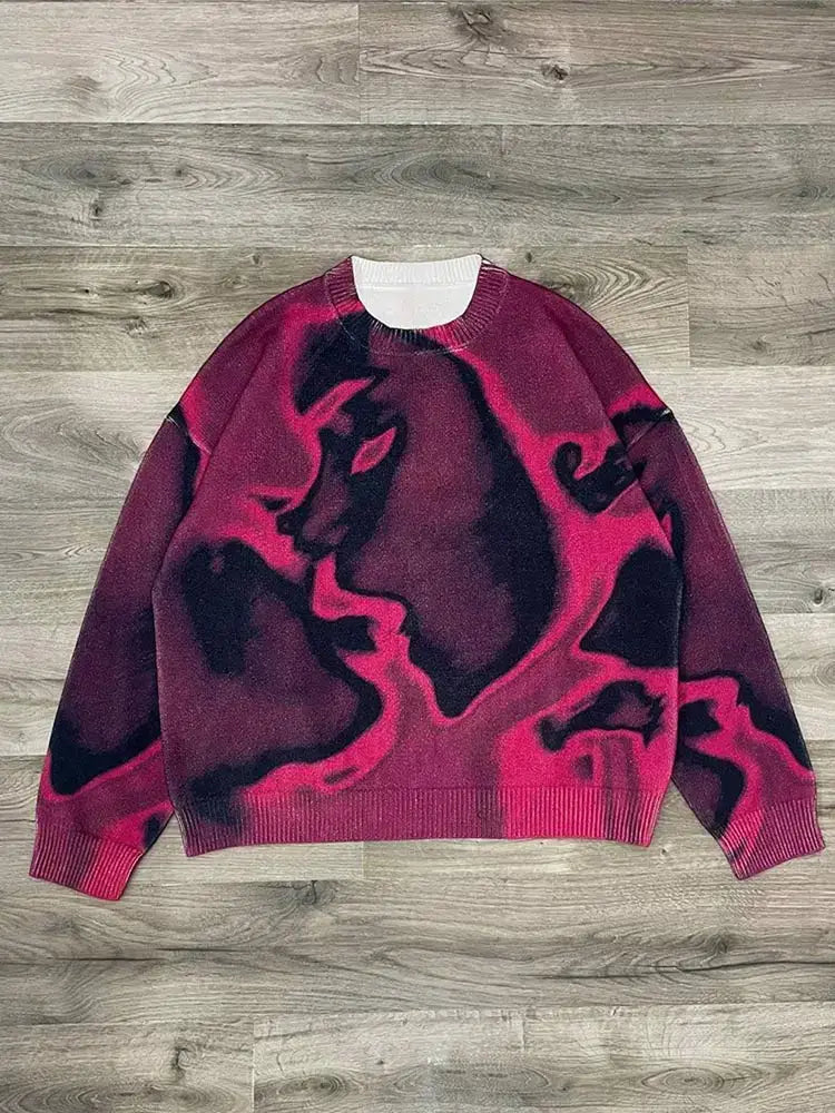 Burgundy Drip Sweater featuring a dark abstract pattern of faces, perfect for Y2K style