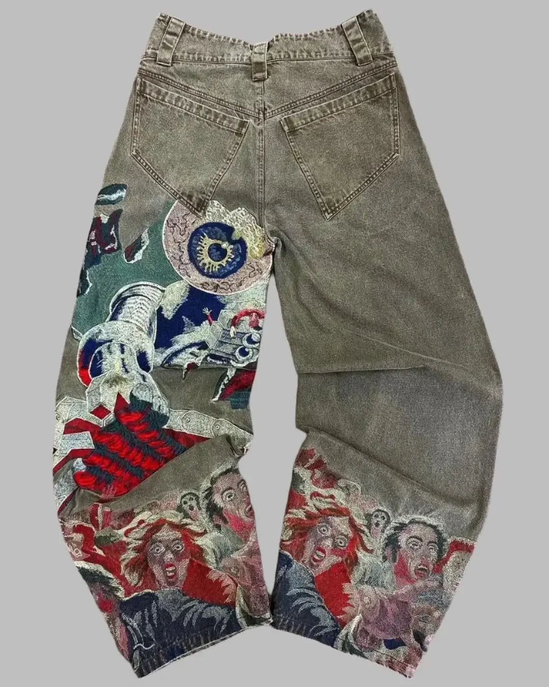 Colorful artistic designs on distressed Embroided Y2K Jeans for a trendy look