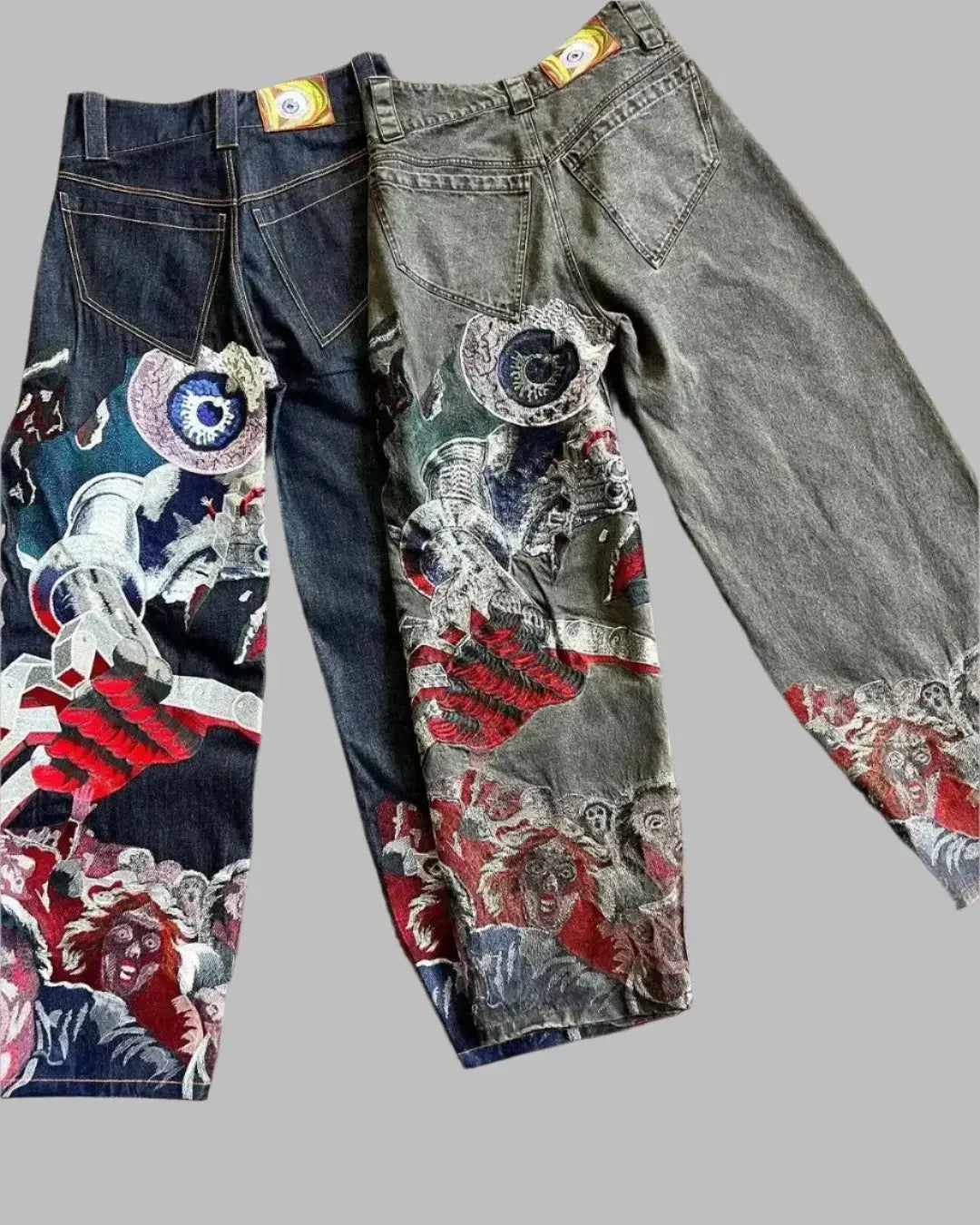 Embroided Y2K Jeans featuring colorful artistic designs and unique patches on legs