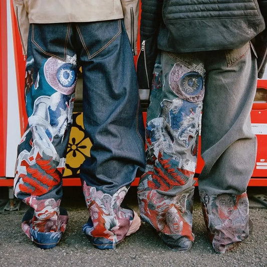 Colorful paint splattered Embroided Y2K Jeans showcasing unique artistic designs