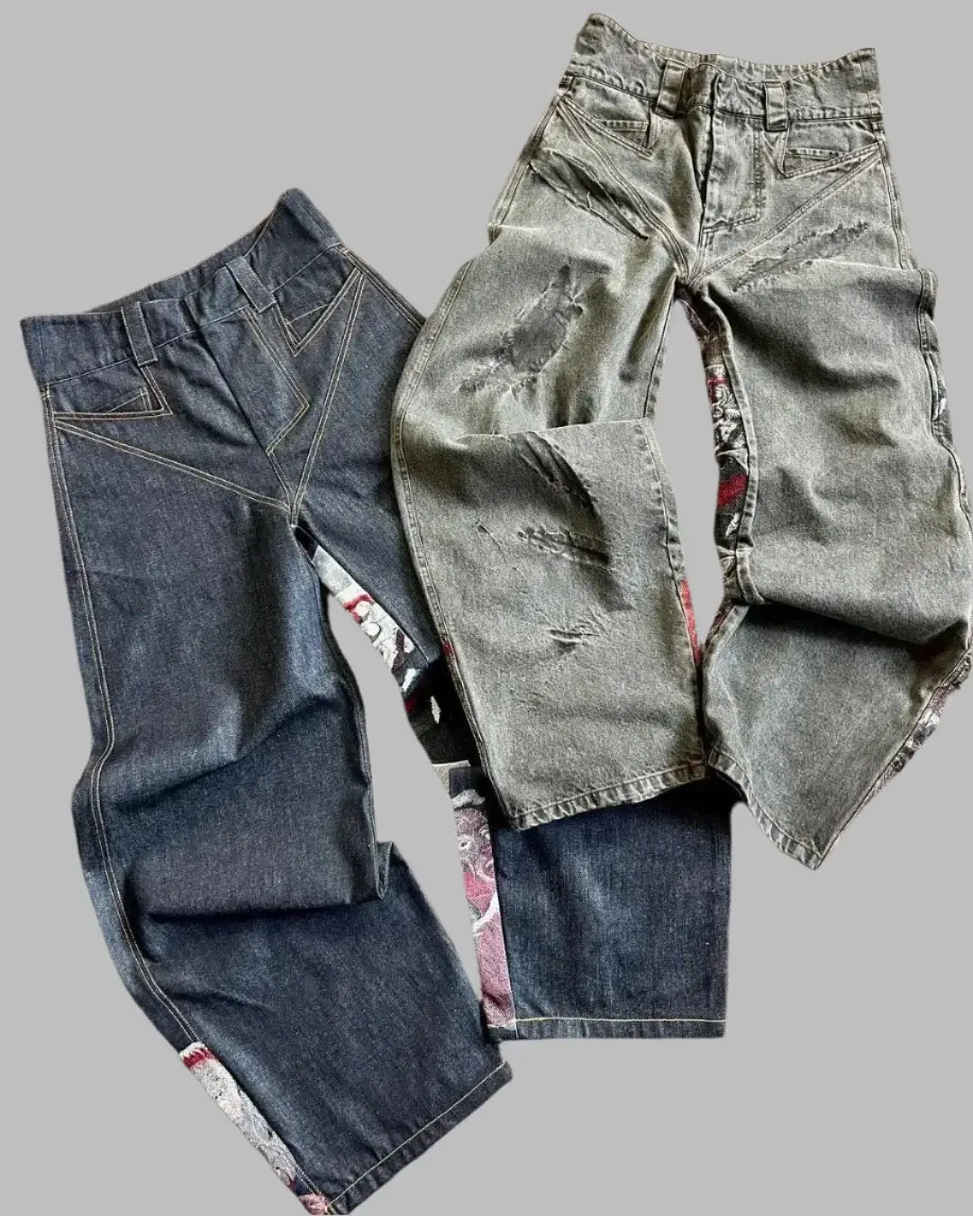 Two pairs of Embroided Y2K Jeans showing colorful fabric through stylish rips