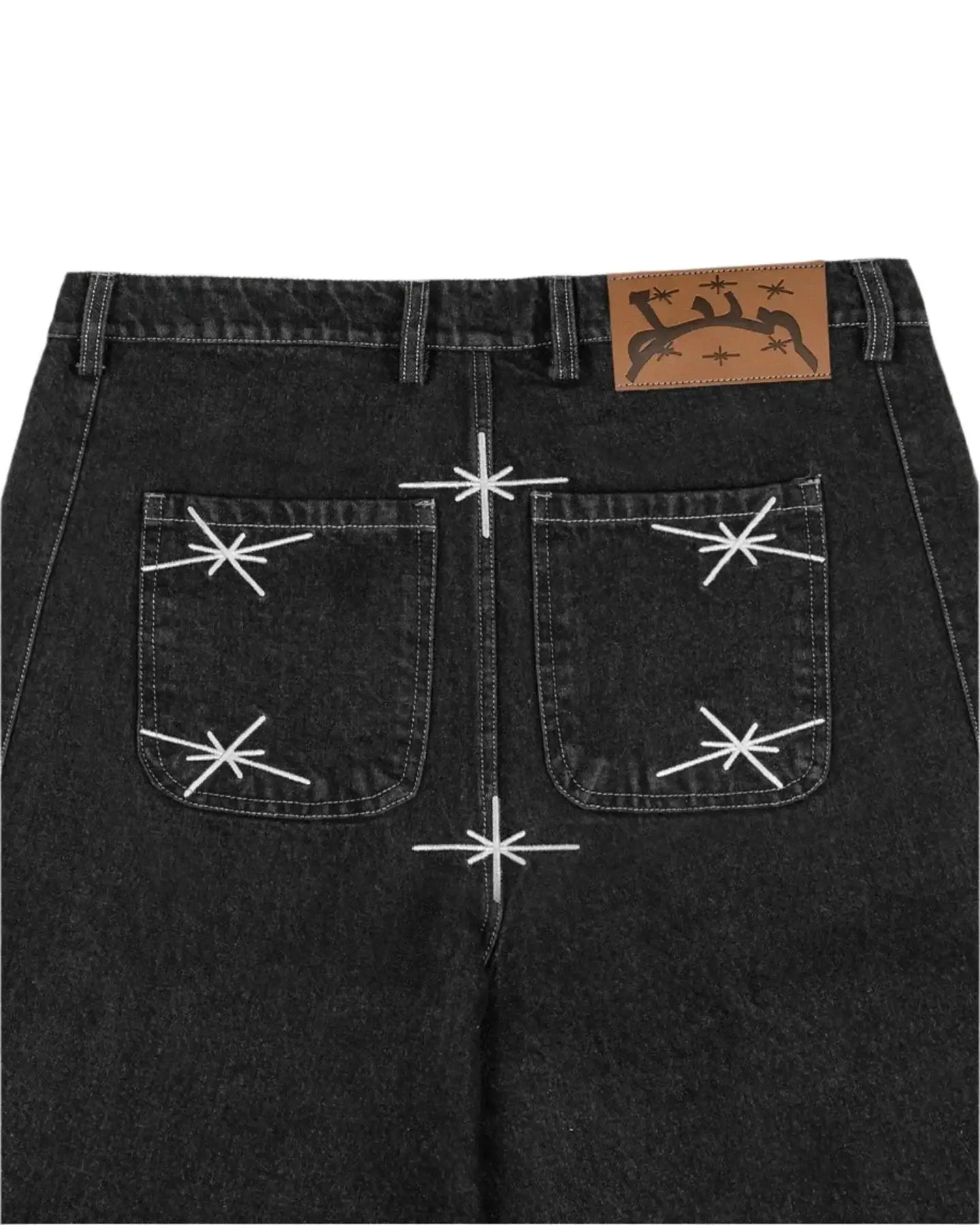 Black denim embroidered jean shorts featuring star-shaped embroidery on back pockets