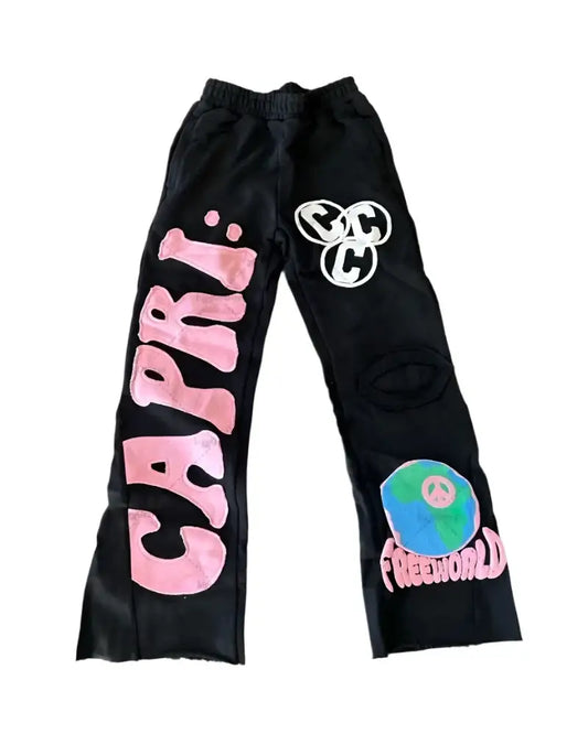 Black embroidered sweatpants with colorful Y2K graphic designs for a comfortable fit