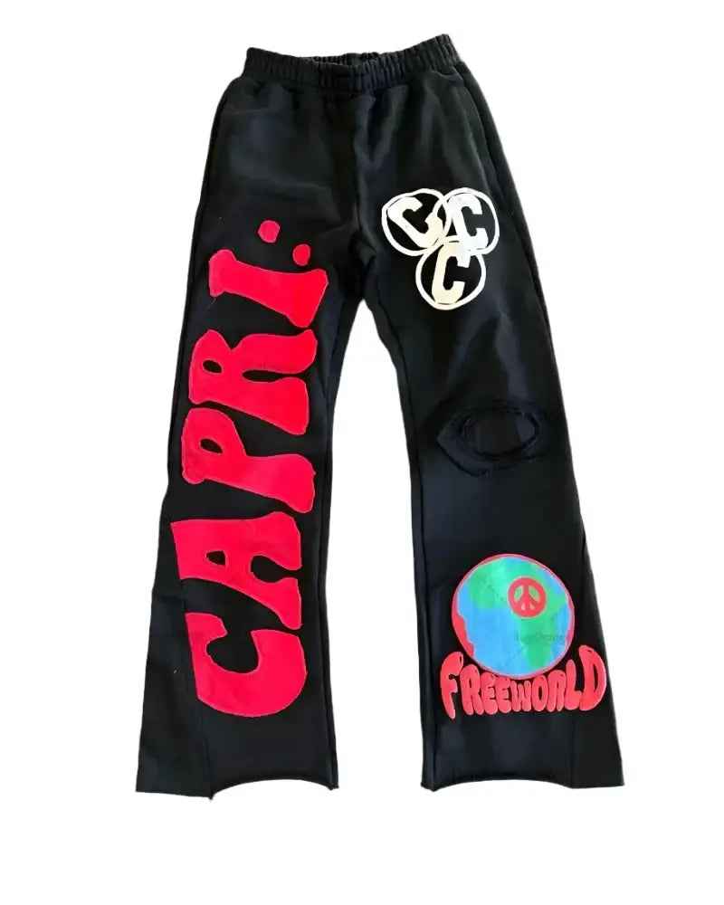 Black embroidered sweatpants with colorful Y2K graphic designs and a comfortable fit