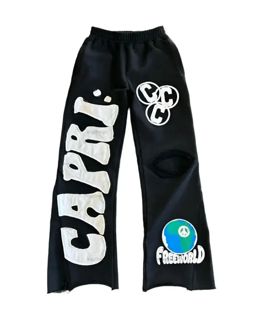 Black embroidered sweatpants with white and blue graphic designs for a comfortable fit