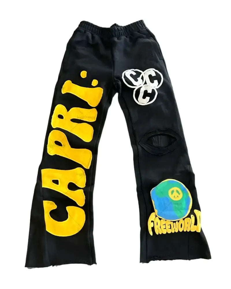 Black Embroidered Sweatpants with colorful CAPRI graphics and peace sign design